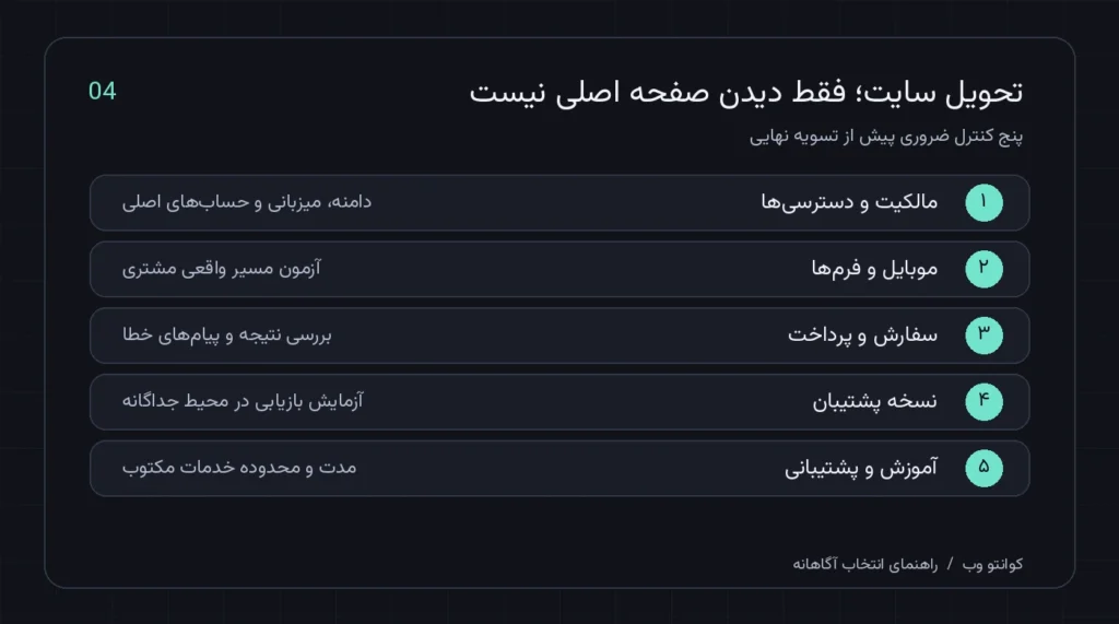  چک‌لیست تحویل طراحی سایت ارزان شامل مالکیت، موبایل، پرداخت و نسخه پشتیبان